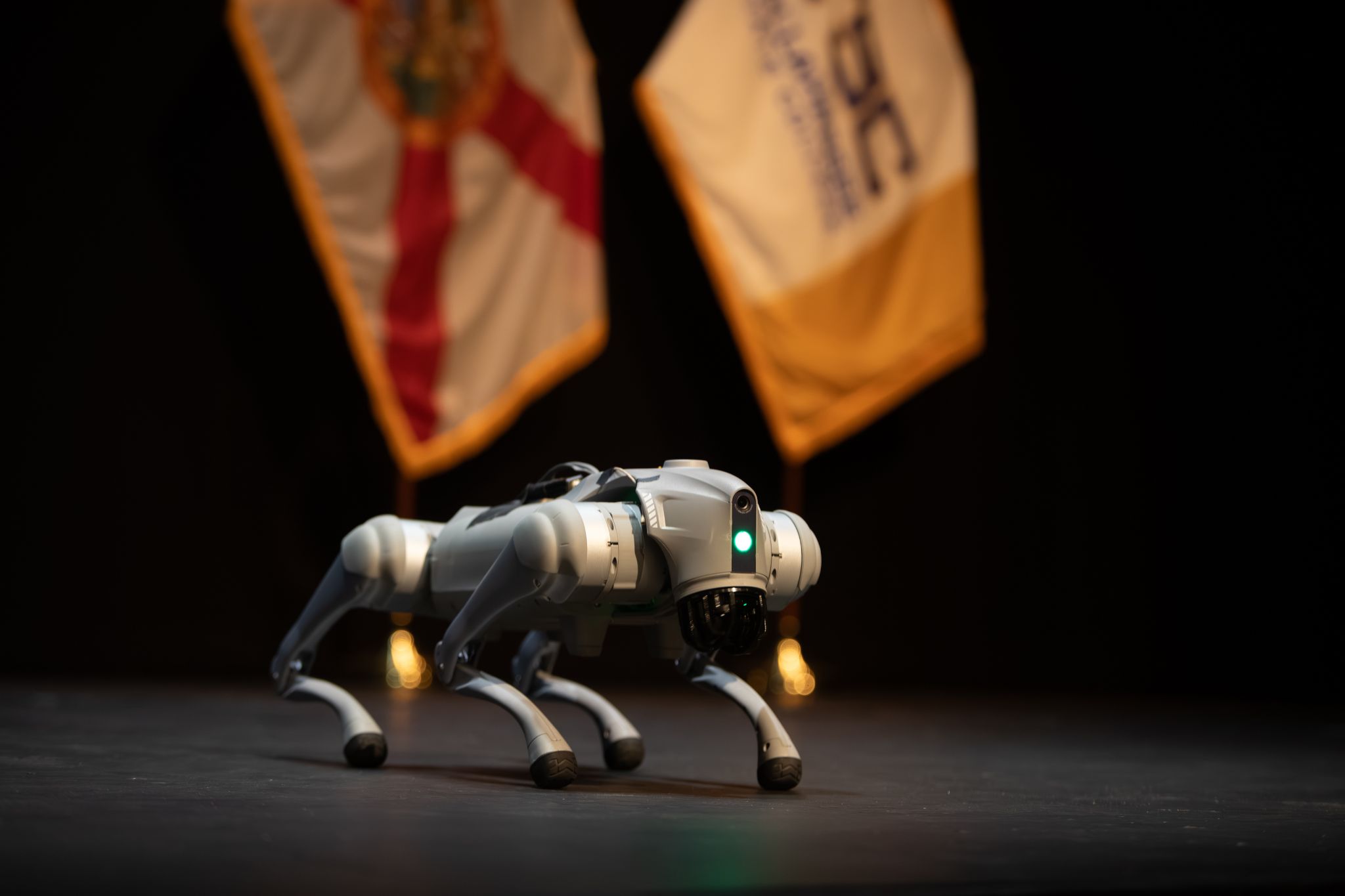 Robot dog on TSC's auditorium stage.