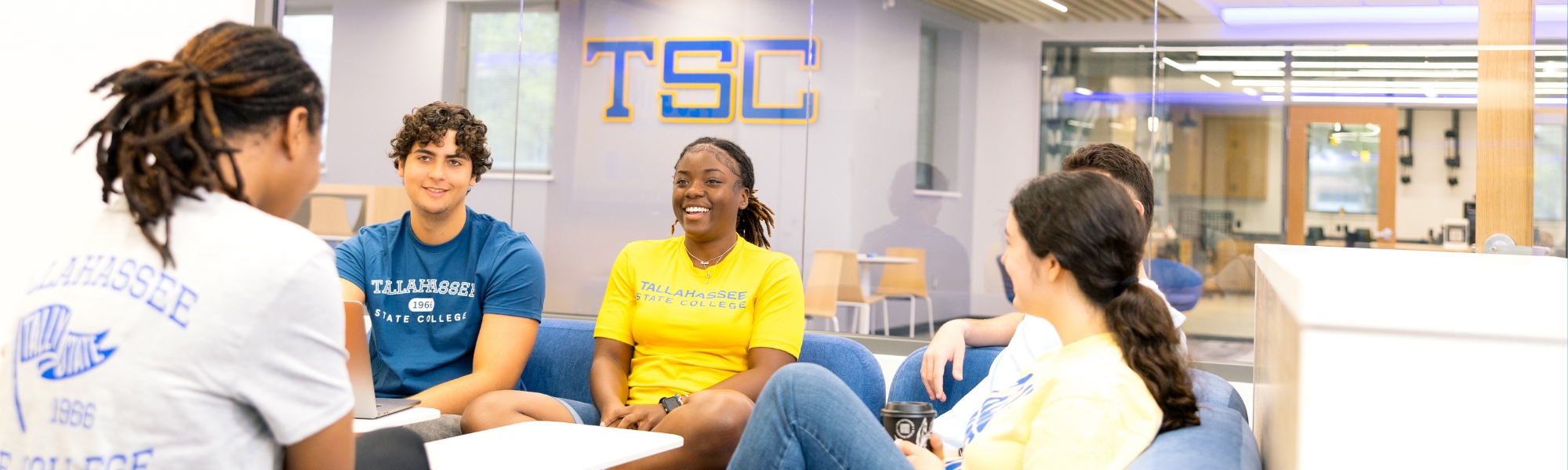Group of students chatting and laughing on a pair of sofas with the TSC logo behind them.