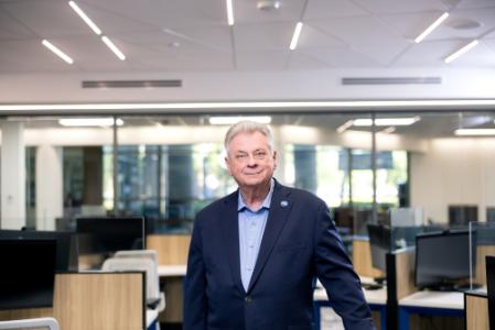 TSC President Dr. Jim Murdaugh posed in an Innovation Hub classroom.